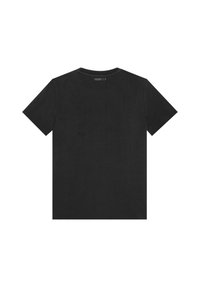 Camiseta negra de manga corta hecha de algodón. Presenta un cuello redondo y un diseño liso sin patrones ni acentos adicionales.