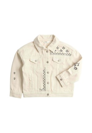 Kremfarvet denimjakke med sort geometrisk broderi på bryst, manchetter og venstre ærme, med metal knapper og to brystlommer.