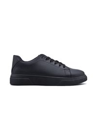 Sneakers en cuir noir avec une finition lisse, bout rond, design à lacets et semelle en caoutchouc noir texturé. Style classique basse.