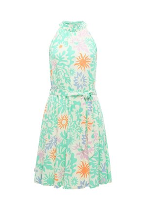 Ärmelloses knielanges Kleid mit hohem Kragen, Gürtel und mehrfarbigen Blumen- und Sonnenmustern in Pastellgrün, Orange, Lila und Blau.