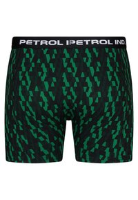 Boxerbuxor med ett svart och grönt geometriskt mönster, elastisk midjeband med texten "PETROL IND.", tillverkad av elastisk stof.