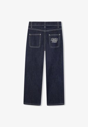 Donkerdenim jeans met een rechte pasvorm, met twee achterzakken. De rechterzak heeft "KENZO PARIS" geborduurd in het wit. Details van contrasterend stiksel.