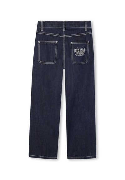 Jean en denim foncé avec une coupe droite, comprenant deux poches arrière. La poche droite est brodée en blanc avec "KENZO PARIS". Détails de surpiqûres contrastées.