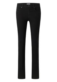 Jeans de mezclilla negros con un ajuste slim, cinco bolsillos, sutiles detalles de costura y un diseño clásico de pierna recta.
