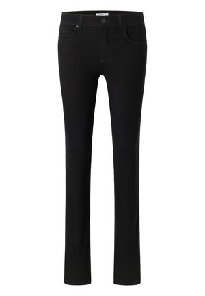 Černé džínové kalhoty se slim fit, pěti kapsami, jemnými švy a klasickým rovný střihem.