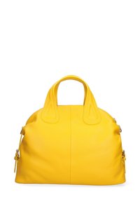 Borsa a mano gialla in pelle, di forma arrotondata, con manici doppi e dettagli in metallo sui lati. La texture è liscia con una leggera grana.