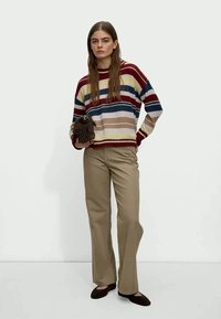 Donna che indossa un maglione a righe multicolore con pantaloni beige, tiene in mano una borsa frangiata marrone scuro, in piedi contro uno sfondo chiaro e semplice.