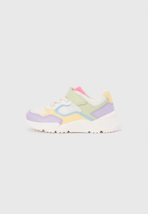 Multicolored sneaker featuring mesh and synthetic materials. Predominant colors include white, lavender, yellow, green, and pink accents. Velcro strap.