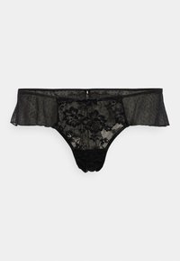 Must mustreksel tülliga, lillemustriga ja voltidega, ning taga väike lipsu detail. Materjal tundub pehme ja õrn.