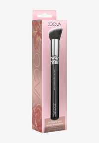 Pennello per fondotinta ZOEVA di colore nero elegante con setole sintetiche; confezionato in una scatola rosa che mostra i dettagli del prodotto e un logo metallico.