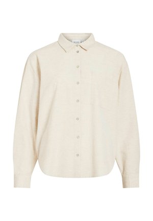 Beež pikkade varrukatega nööpidega särk kraega ja ühe rinnataskuga, lõdva istuvuse ja õrna tekstuuriga.