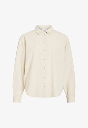 Beež pikkade varrukatega nööpidega särk kraega ja ühe rinnataskuga, lõdva istuvuse ja õrna tekstuuriga.