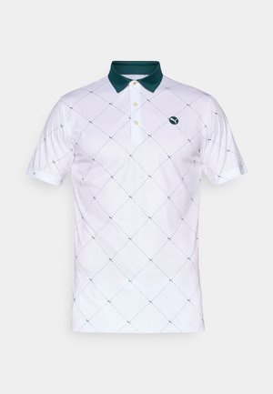 White polo shirt with a green collar, featuring a diamond pattern in blue, three-button placket, and a logo on the left chest.