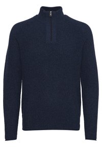 Marineblauer Pullover aus strukturierter Strickware, mit einem Reißverschlusskragen und langen Ärmeln.