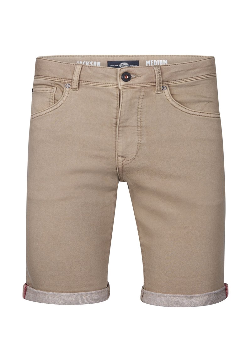 Shorts en denim beige avec une coupe ajustée, des ourlets retroussés, cinq poches et des coutures contrastantes à la taille. L'étiquette indique "Jackson Medium."