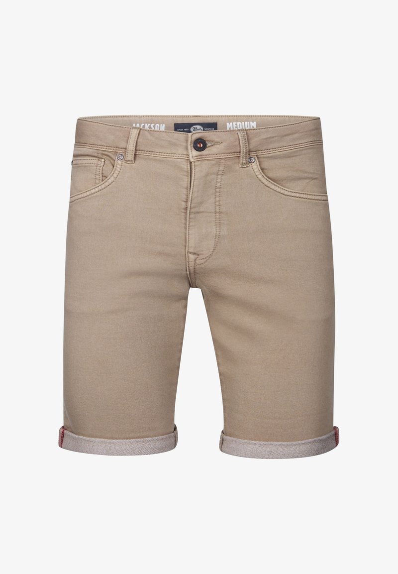 Pantalones cortos de mezclilla beige con un ajuste ajustado, dobladillos enrollados, cinco bolsillos y costuras en contraste en la cinturilla. La etiqueta dice "Jackson Medium".