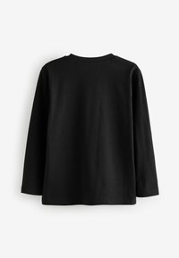 Schwarzes Langarmshirt mit Rundhalsausschnitt, aus Baumwollstoff gefertigt, mit glatter Textur und geradem Schnitt ohne sichtbare Nähte.