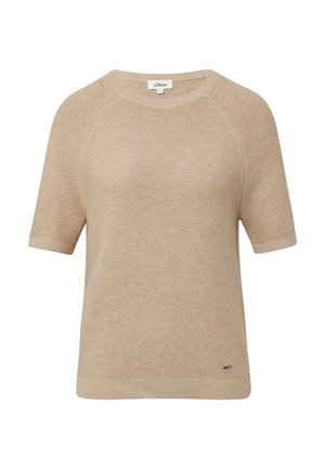 Beige Pullover mit kurzen Ärmeln, Rundhalsausschnitt, strukturiertem Strick und geripptem Saum. Mit dezenten Branding-Details unten links.