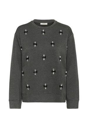 Ciemnoszara długosleeve bluza z okrągłym dekoltem, ozdobiona małymi czarnymi i srebrnymi krzyżykami z koralików, równomiernie rozmieszczonymi na przodzie.