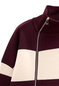 Sweter zapinany na zamek z wysokim kołnierzem, z bordo i kremowymi poziomymi paskami oraz srebrnym zamkiem błyskawicznym z logo.