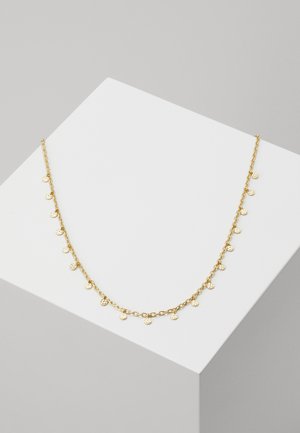 Gold chain necklace with small, round, textured pendants evenly spaced along the length, featuring a polished finish and delicate links.