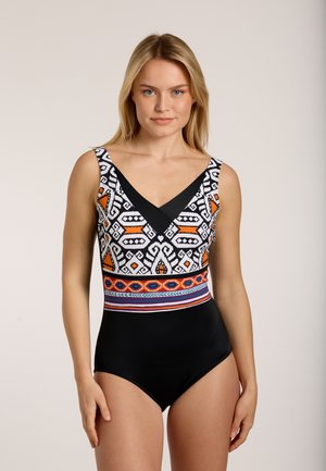 Zwart badpak met een geometrisch patroon op het bovenlijf in zwart, wit, oranje en blauw, met een diepe V-hals en brede bandjes.