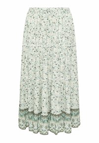 Kukkamekko, jossa on kerrostettu muotoilu, vaaleanvihreällä pohjalla, valkoisia ja kultaisia kukkakuoseja sekä koristeellista reunusta helman kohdalla. Joustava vyötärö.