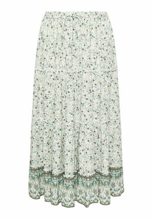 Floral skirt with a tiered design, featuring a light green base, white and gold floral patterns, and decorative trim at the hem. Elastic waistband.