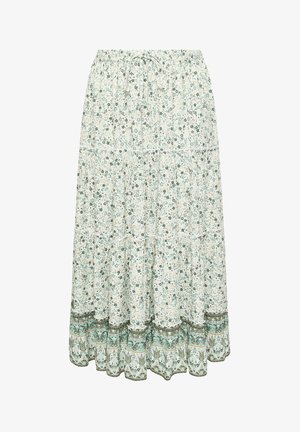 Spódnica kwiatowa o warstwowym kroju, z jasnozieloną bazą, białymi i złotymi wzorami kwiatowymi oraz ozdobnym wykończeniem u dołu. Elastyczny pas.