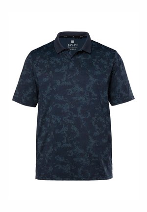 Kurzarm-Polohemd in Dunkelblau mit einem strukturierten, camo-ähnlichen Muster. Klassischer Kragen mit zwei-Knopf-Leiste. Weicher Stoff.