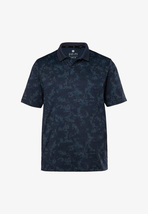 Kortærmet polo skjorte i mørk navy med et tekstureret, camo-lignende print. Klassisk krave med to-knaps placket. Blødt stof.
