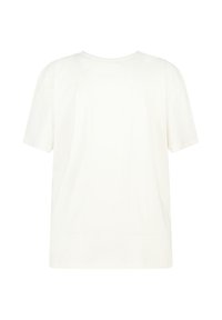 T-shirt à manches courtes de couleur crème, avec un col rond et une coupe décontractée, fabriqué à partir d'un tissu lisse avec des détails de couture minimaux.