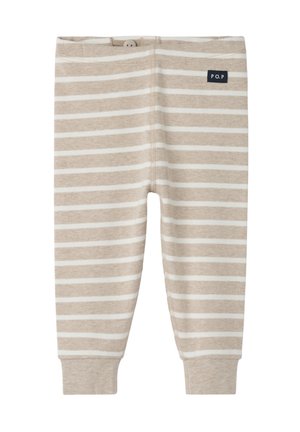 Beige og hvide babyleggings med vandrette striber, knapbånd i taljen og sort mærke med teksten "P.O.P" foran på højre side.