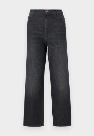 Dark gray denim jeans with a straight-leg cut, featuring a front button closure, five pockets, and subtle fading along the legs.