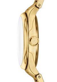 Orologio color oro con cassa liscia e arrotondata, quadrante bianco e corona testurizzata. Il cinturino presenta una finitura lucida e una chiusura sicura.
