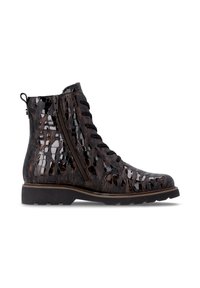 Bottine brillante marron foncé à texture crocodile, fermeture éclair latérale, lacets noirs et semelle noire épaisse.