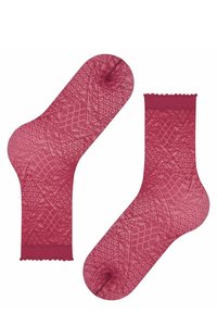 Calzini bordeaux con motivo a trama geometrica, bordo ondulato e finitura morbida e trasparente.