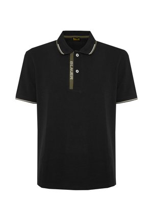 Black short-sleeve polo shirt with olive green trim on collar and placket, two white buttons, and "BLAUER" text on the placket.