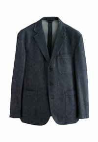 Dunkelblaues Jeansblazer mit Reverskragen, einreihiger Knopfleiste, zwei aufgesetzten Taschen und einer Brusttasche. Glatte Textur.