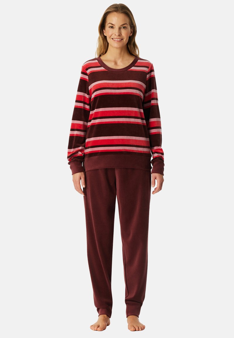 Gestreiftes Lounge-Set in Kastanienbraun und Rosa mit einem Langarmoberteil mit Rundhalsausschnitt und passenden Hosen mit elastischem Bund. Weicher Stoff.