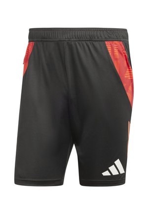 Black athletic shorts with a red patterned side panel and white logo on the lower right. Made from lightweight, breathable material.