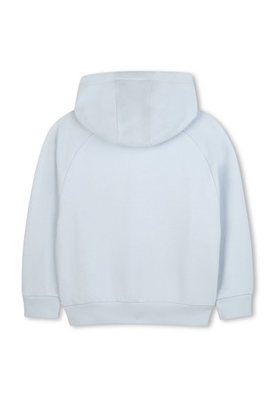 Hoodie bleu clair fabriqué en tissu texturé, avec une grande capuche, des poignets côtelés et une coupe décontractée, affichant un dos lisse.