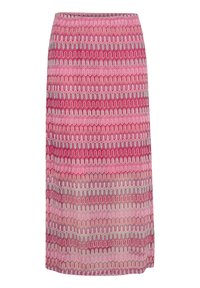 Růžová sukně s vlnkovým vzorem v různých odstínech růžové a šedé, s elastickým pasem a dlouhým střihem až na zem.