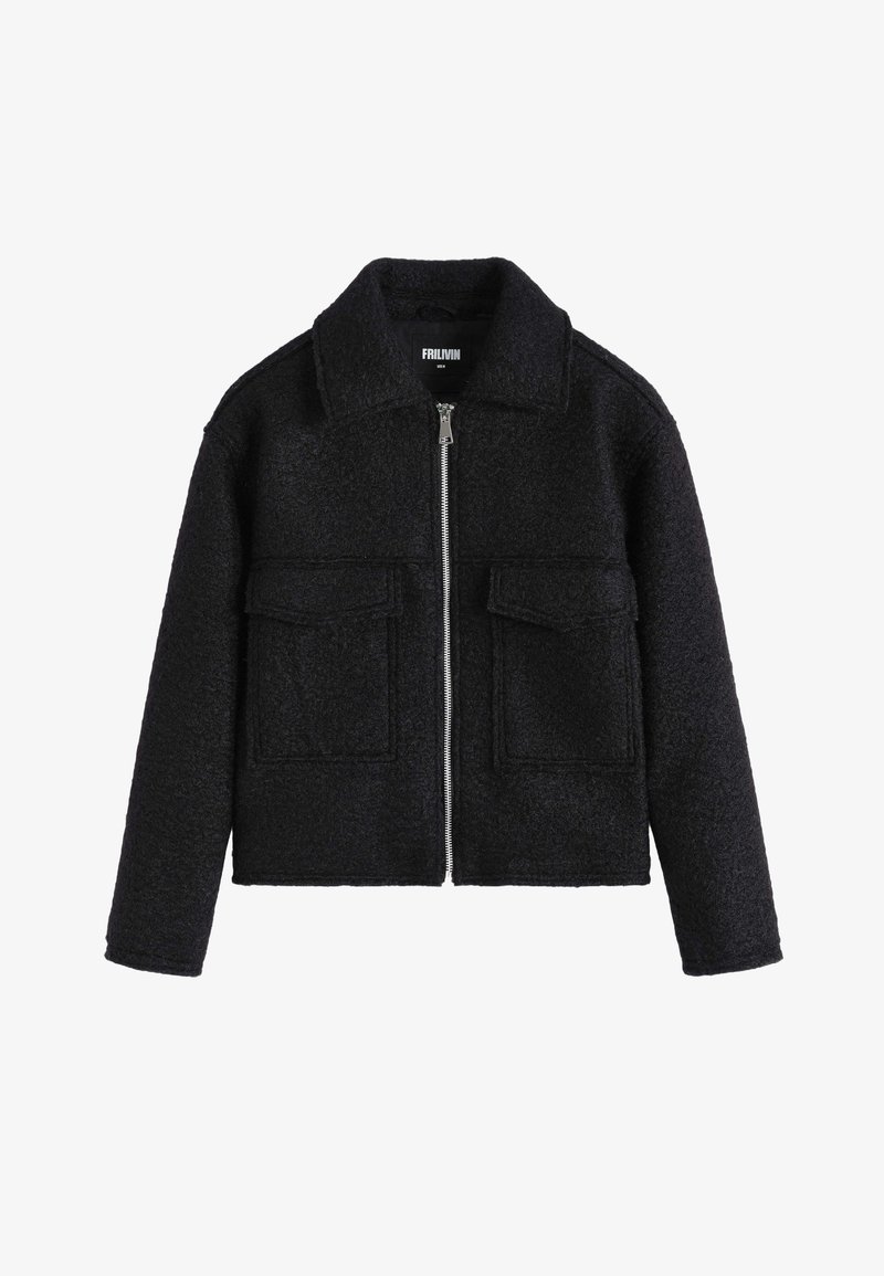 Veste en mélange de laine noire avec fermeture éclair, deux poches avant et un col classique. Tissu texturé avec une coupe droite.