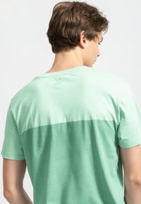 Lichtgroen T-shirt met een twee-kleurig ontwerp, zachte textuur en een schaaricoon geborduurd op de achterkant. Korte mouwen, rond de hals stijl.
