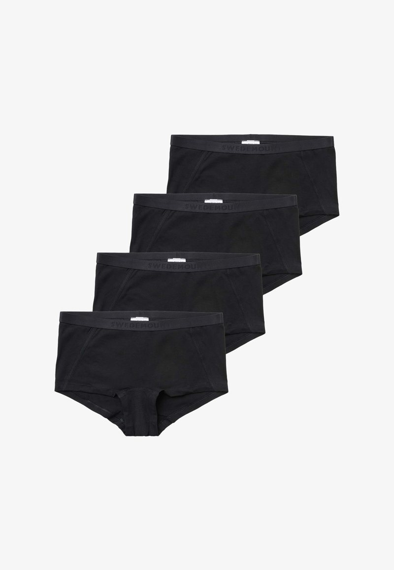Boxers en coton noir avec une ceinture plate portant le logo "SWEDEMOUNT", plusieurs paires empilées, avec une texture lisse et un design classique.