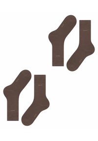 Braune Baumwollsocken mit glatter Textur, ausgestattet mit gerippten Bündchen und minimalem Branding in Gold an den Seiten. Standardform und -design der Socken.