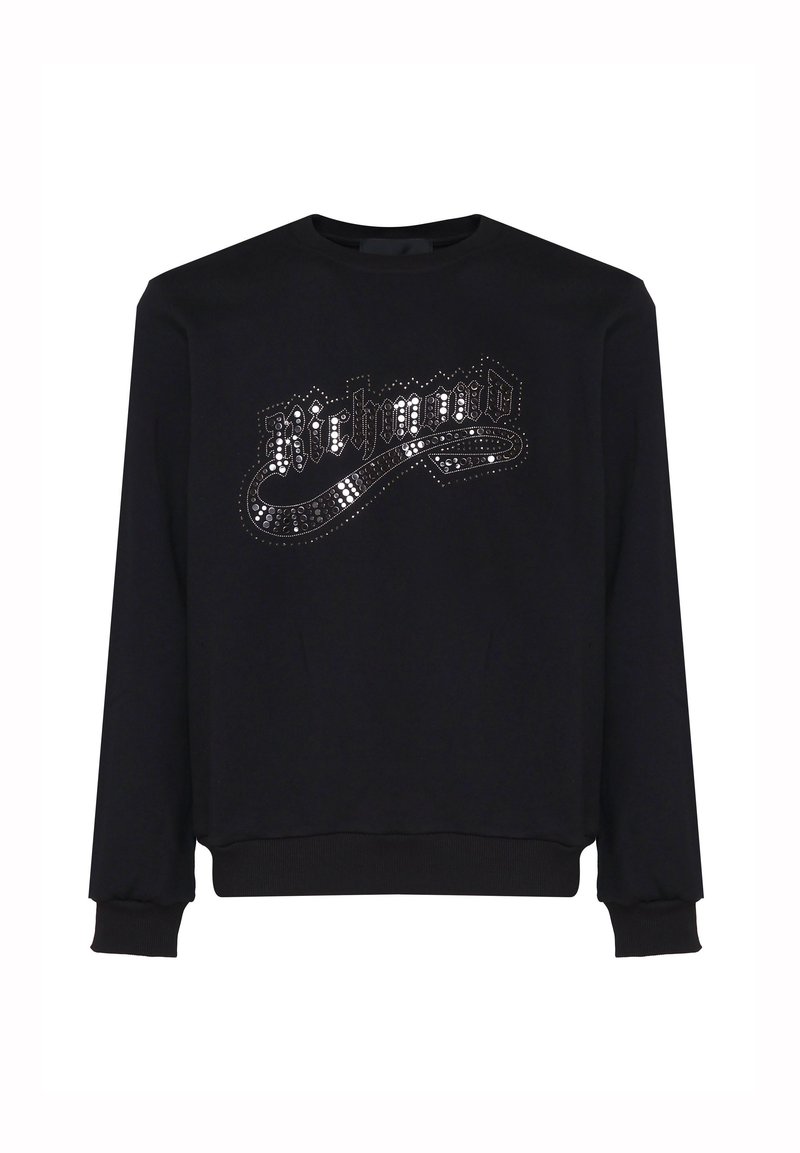 Felpa nera con un design lucido del logo "Richmond" realizzato con paillettes circolari, scollo rotondo e polsini e orlo a costine.