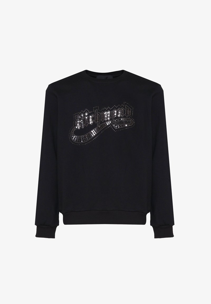 Felpa nera con un design lucido del logo "Richmond" realizzato con paillettes circolari, scollo rotondo e polsini e orlo a costine.