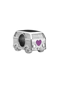 Silver charm in the shape of a vintage van, featuring a purple heart detail, black roof, and textured surface for added depth.